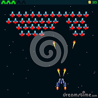 Retro video game, screen, arcade space warships, shooting, background map, vector graphic design illustration. 16 bit, 8 bit . Spa Cartoon Illustration